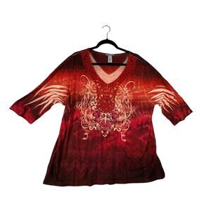 CATHERINES Graphic V Neck Top Womens 2X Red Black Dolman Short Sleeve Blouse